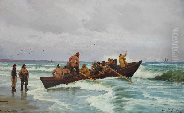 The lifeboat is heading out. Oil Painting by Carl Locher