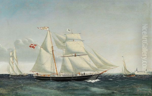 The brigantine 'Ornen' passing Helsingor Roadstead. Oil Painting by Jens Thielsen Locher