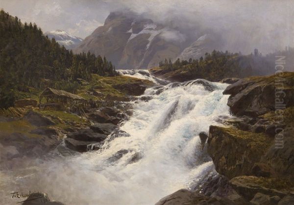 Wasserfall in norwegischer Gebirgslandschaft Oil Painting by Karl Paul Themistokles von Eckenbrecher