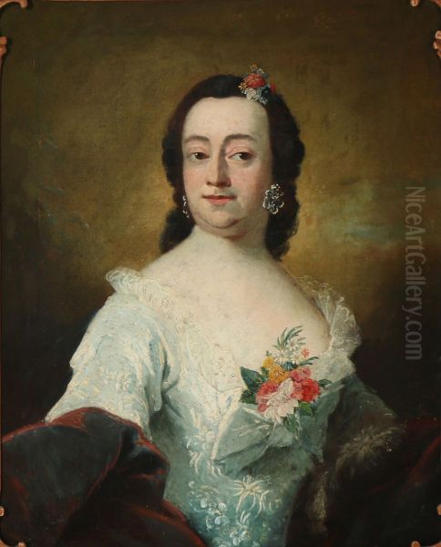 Portrait of Regitze Sophie Skeel, nee Baroness Guldencrone (1706-1799). In a light blue dress with bow and flower bouquet in the neckline. Oil Painting by Peder Als