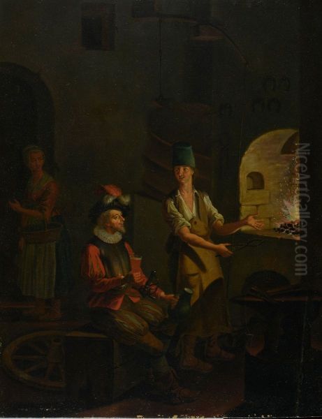 A soldier drinking in a forge Oil Painting by Wolfgang Heimbach