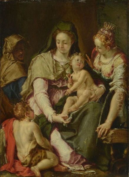 Madonna with child, John the Baptist, St. Catherine and St. Elizabeth Oil Painting by Peter Candid