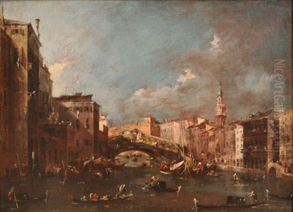 Vue du grand canal et du pont du Rialto a Venise Oil Painting by Francesco Guardi