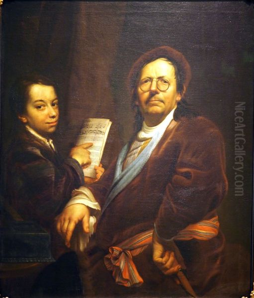 Self-portrait with son Oil Painting by Jan Kupecky