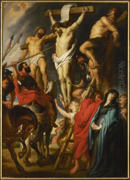 Christ between the two malefactors, the 'coup de lance' Oil Painting by Louis Farasyn