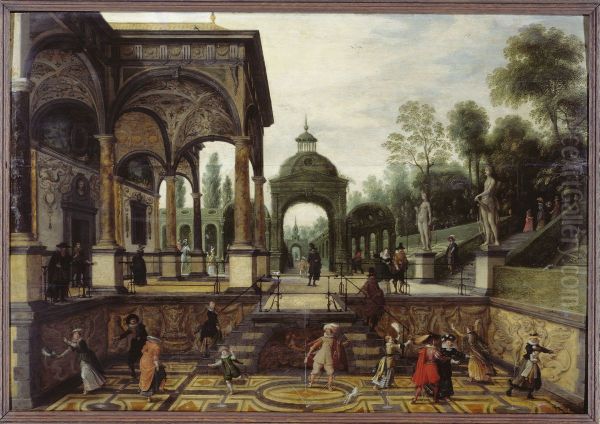 Italianate garden with gallery and figures Oil Painting by Sebastiaen Vrancx