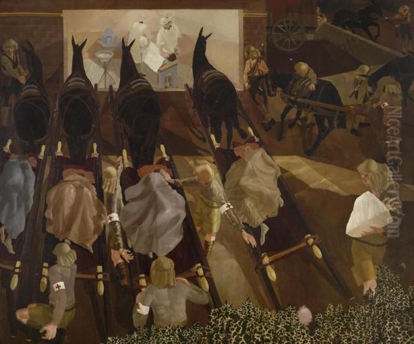 Travoys Arriving with Wounded at a Dressing-Station at Smol, Macedonia, September 1916 Oil Painting by Stanley Spencer