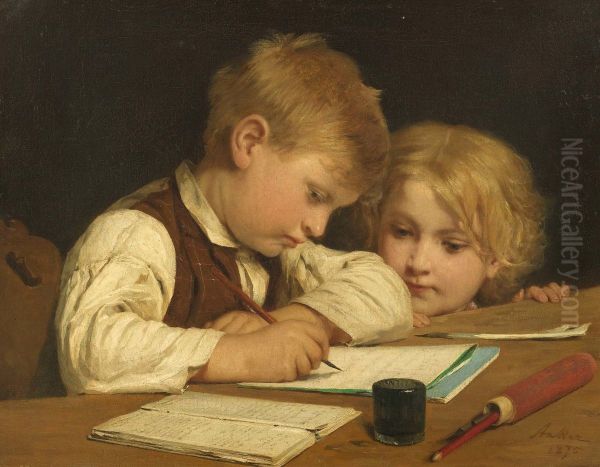 Writing boy with little sister I Oil Painting by Albert Anker