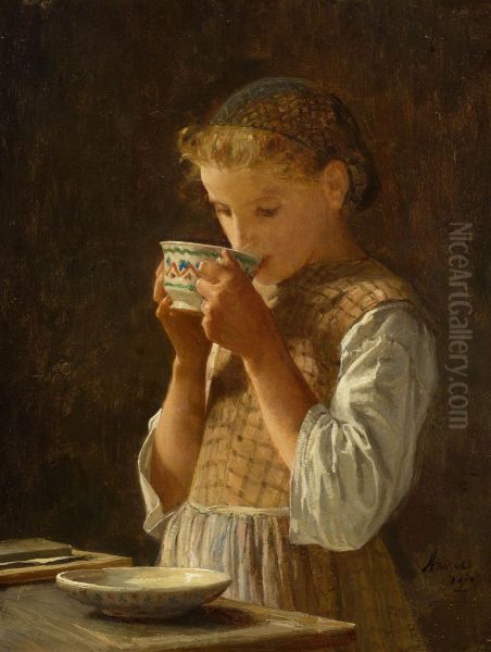 Girl, drinking coffee Oil Painting by Albert Anker