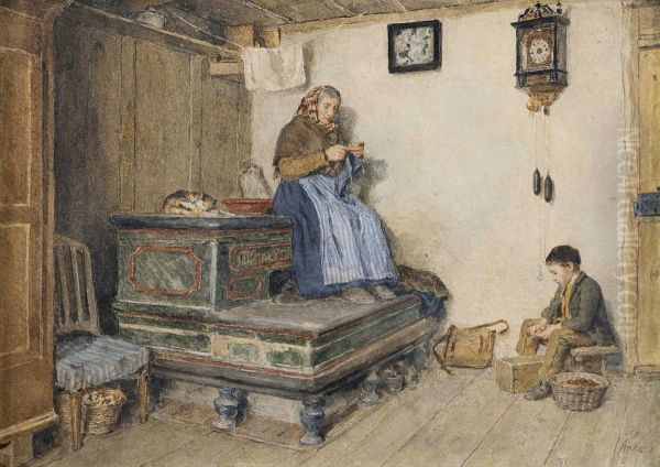 Sweet family scene at the tiled stove Oil Painting by Albert Anker