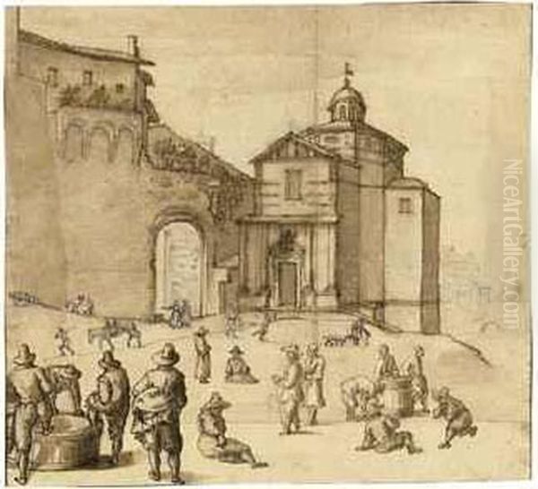 Figures And Animals Outside The Gate Of A Town Oil Painting by Remigio Cantagallina