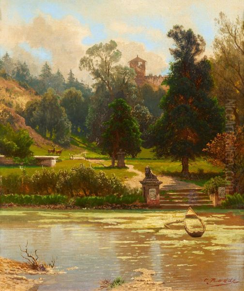 At the castle pond Oil Painting by Karl Gustav Rodde