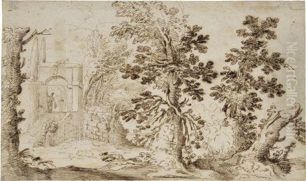 A Wooded Landscape, With Two Figures At A Garden Entrance To Theleft Oil Painting by Remigio Cantagallina