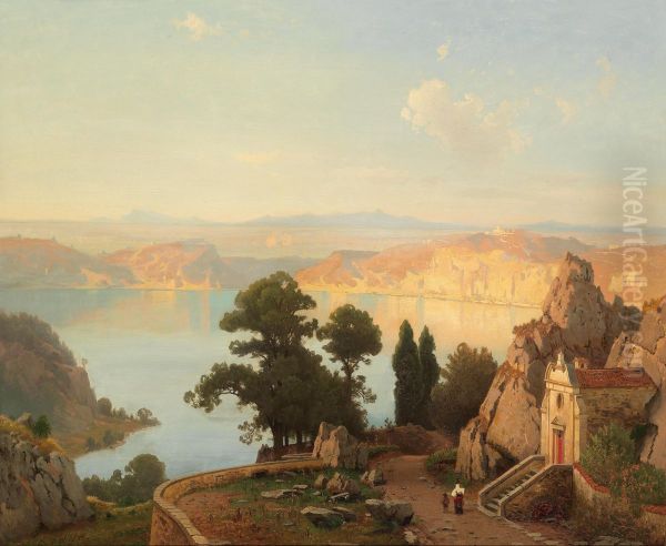 View of the Lago di Nemi near Rome Oil Painting by Karl Gustav Rodde