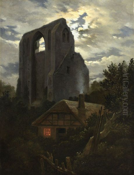 Ruine Eldena mit Hutte bei Greifswald im Mondschein Oil Painting by Carl Gustav Carus