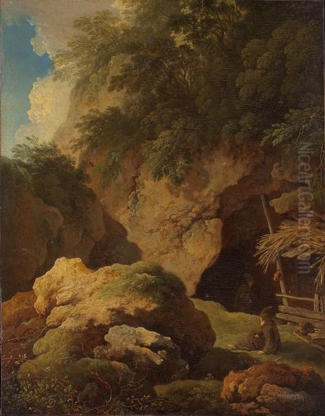 Paysage et rochers, un ermite se repose a l'entree d'une grotte Oil Painting by Christian Wilhelm Ernst Dietrich