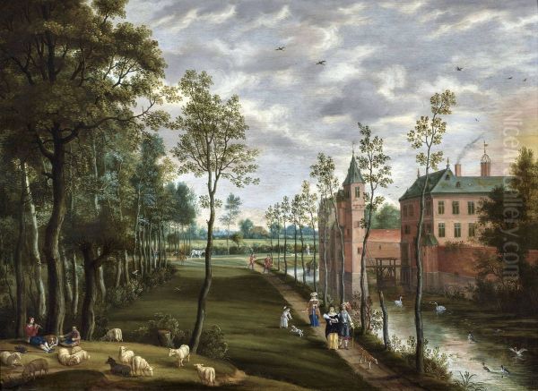 Landscape with elegant Figures strolling near an Estate Oil Painting by Izaak van Oosten