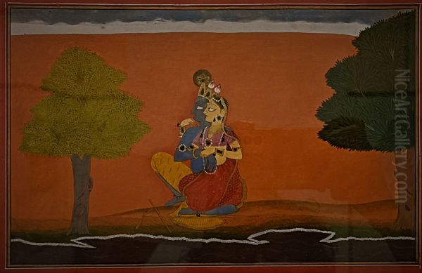 Radha and Krishna sitting on the banks of Yamuna. Oil Painting by Manaku