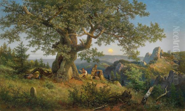 Smugglers Beneath an old Oak as the Moon Rises Oil Painting by Eduard Leonhardi