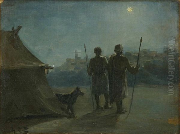 Oriental scenery with two guards in front of a tent. Oil Painting by H. A. Brendekilde