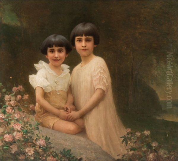 Portrait of Two Young Sisters in a Landscape Oil Painting by Benjamin Eggleston