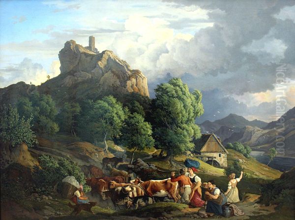 Approaching thunderstorm at Schreckenstein Oil Painting by Ludwig Richter