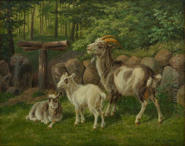 Goats by a stone fence. Oil Painting by Andreas Peter Madsen