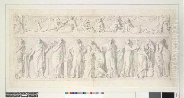 A Sarcophagus with frieze depicting the Muses Oil Painting by Giovanni Domenico Campiglia