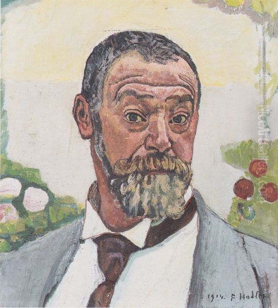 Selbstbildnis mit Rosen Oil Painting by Ferdinand Hodler