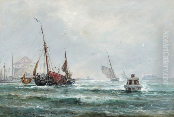 Marine med sejlskibe under indsejling til Frederikshavn Havn Oil Painting by Holger Drachmann