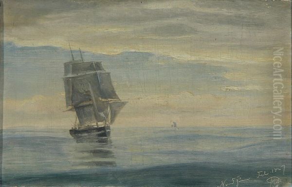 Sailing ships in the North Sea. Oil Painting by Holger Drachmann