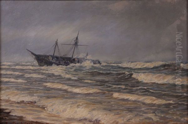 Coastal landscape with a beached ship. Oil Painting by Jens Drachmann