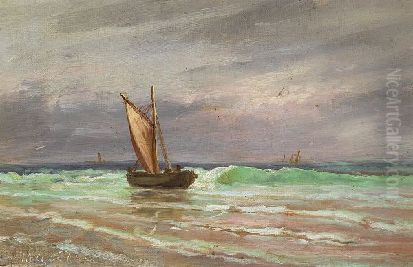 A sailing boat on the shoreline on a cloudy day. Oil Painting by Holger Drachmann