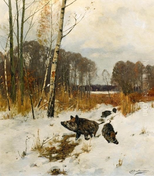 Wildschweine im Schnee Oil Painting by Johann Christopher Drathmann