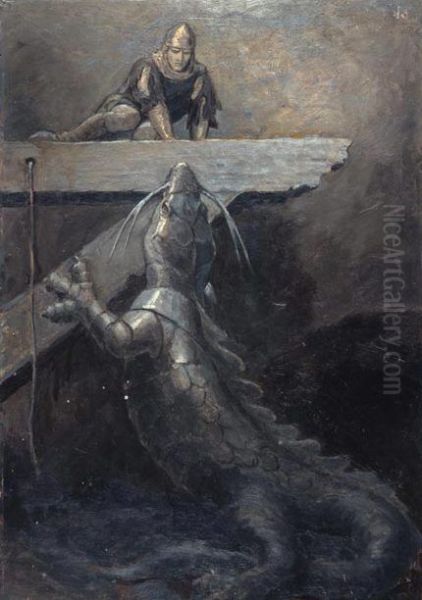 Dragon rearing up to reach medieval knight on ledge Oil Painting by Katharine Pyle