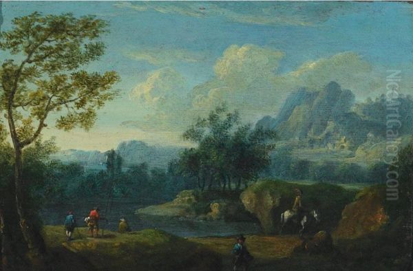 Wooded Landscape With Travellers And Figures Fishing Oil Painting by Johann Gabriel Canton