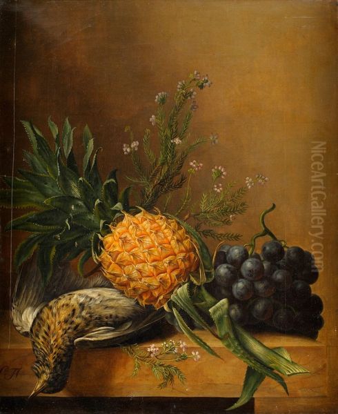 Stilleben mit Ananas, Trauben und Vogel Oil Painting by unknown