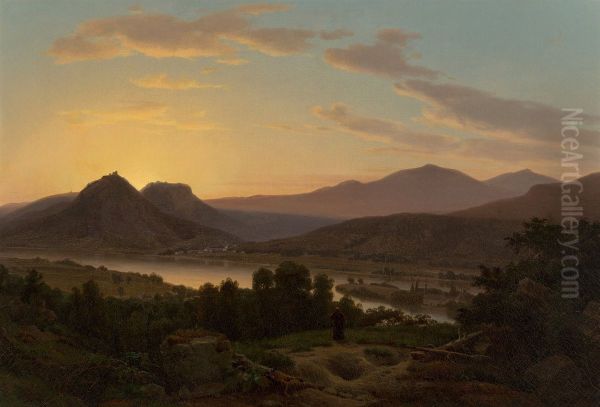 Sunrise, View of Drachenfels from Rolandseck Oil Painting by Worthington Whittredge