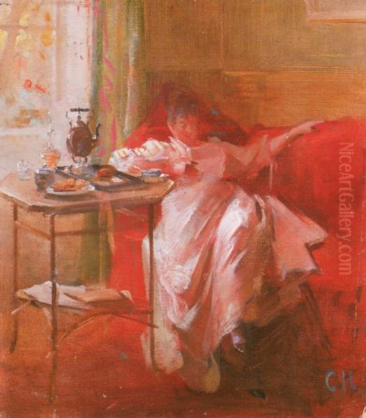 Lesende Dame auf rotem Sofa Oil Painting by Curt Herrmann