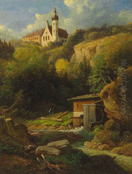 Andechs. Blick von Bachlauf auf den Klosterhugel Oil Painting by unknown