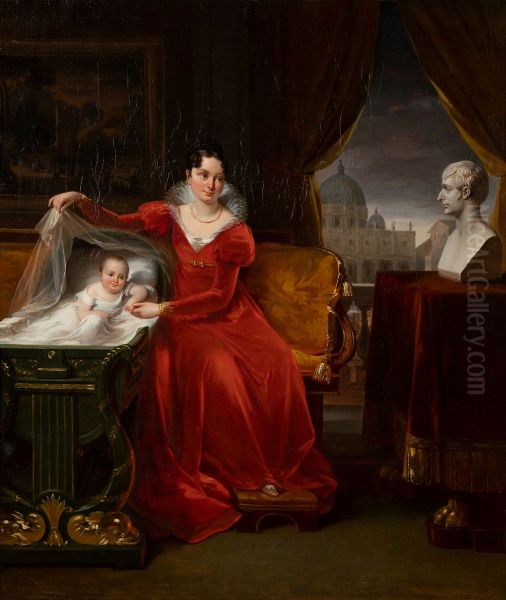 La comtesse Camille de Tournon designe a sa fille Alix le buste de son pere Oil Painting by Hortense Haudebourt-Lescot