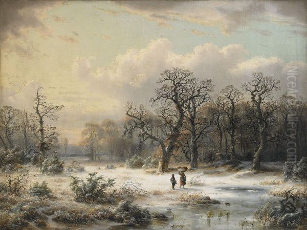 Winterlandschaft mit Mutter und Kind Oil Painting by Ludwig Scheins