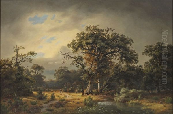 Grosse Waldlandschaft mit rastendem Paar unter einer alten Eiche Oil Painting by Ludwig Scheins