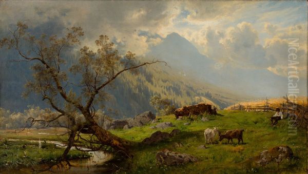 Shepherd in the Alps Oil Painting by Hjalmar Munsterhjelm