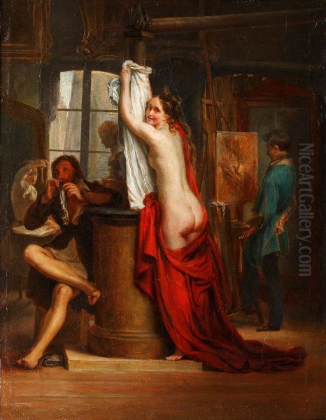 A Nude Model in an Artist's Studio Oil Painting by Hortense Haudebourt-Lescot