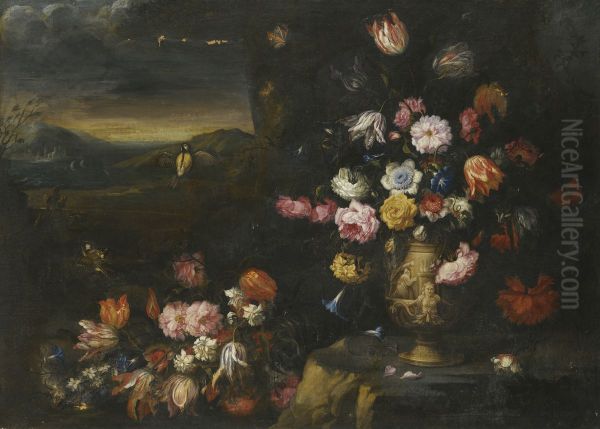 Still Life with Vase of Flowers in a Coastal Landscape Setting Oil Painting by Francesco Caldei