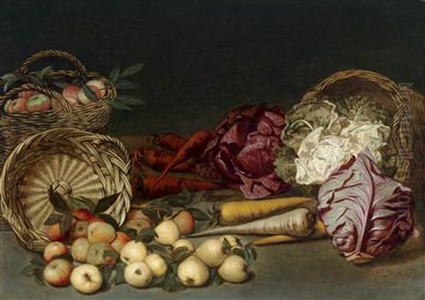 A still life with cabbage, carrots, parsnips and apples Oil Painting by 'the other' Jan van Kessel