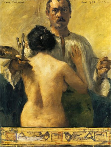 Self-portrait with Model Oil Painting by Lovis Corinth