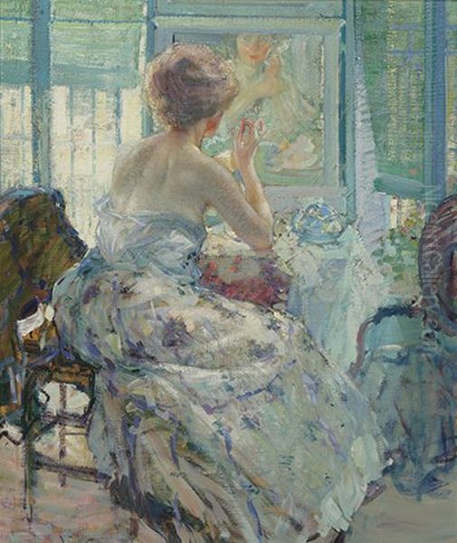 Woman at Her Dressing Table with Earring Oil Painting by Richard Edward Miller