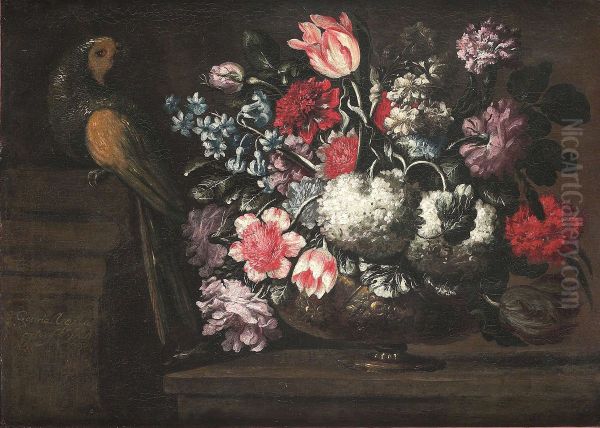 Vase of Flowers with Budgerigar Oil Painting by Gabriel De La Corte